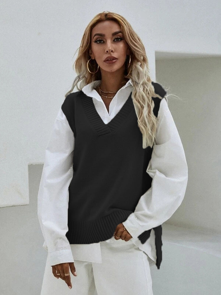 Damen Strickweste mit V-Ausschnitt und geripptem Saum WW