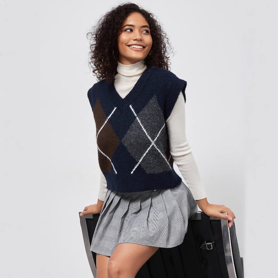 Damen Strickpullover mit modernem Rautenmuster WW
