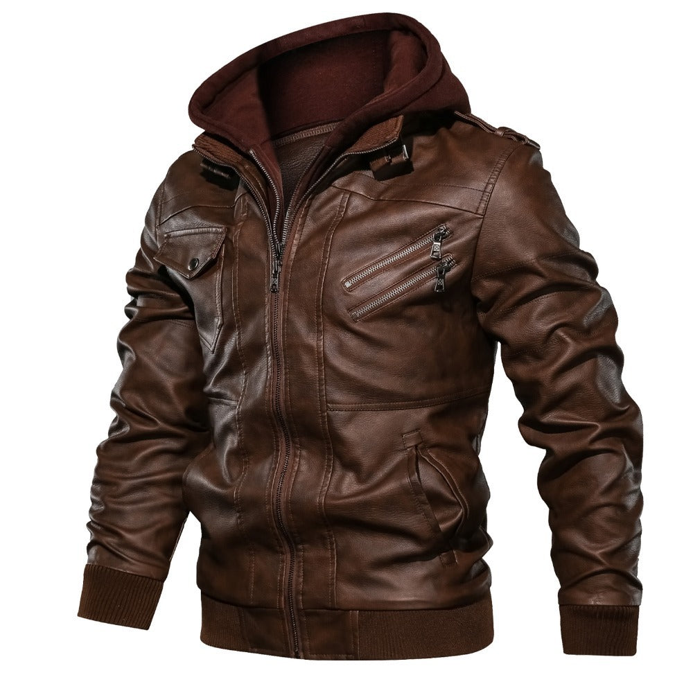 Herren Lederjacke mit abnehmbarem Kapuzenfutter und mehreren praktischen Taschen WW
