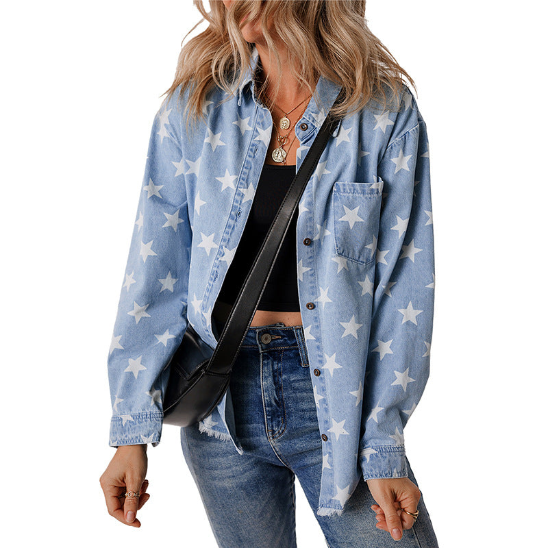 Damen Jeanshemd mit Sternen-Muster und praktischer Brusttasche WW