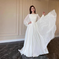 WW | Durchsichtiges Weißes Hochzeitskleid Rundhalsausschnitt Lange Ärmel Kleid