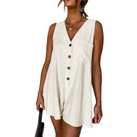 Damen ärmelloser Jumpsuit mit schmeichelndem V-Ausschnitt und praktischen Knopfdetails WW