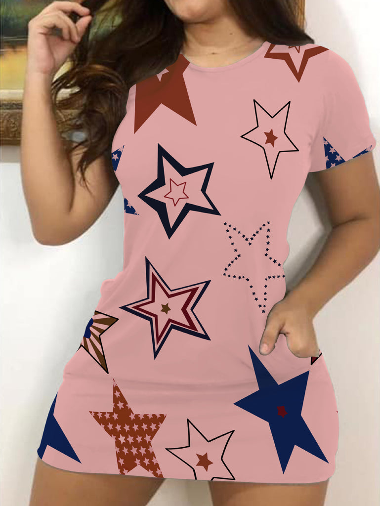 Damen lässiges T-Shirt Kleid mit modernen Sternenmuster WW