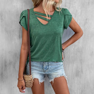 Damen lässiges Kurzarm T-Shirt mit einzigartigem Kreuz-Ausschnitt WW