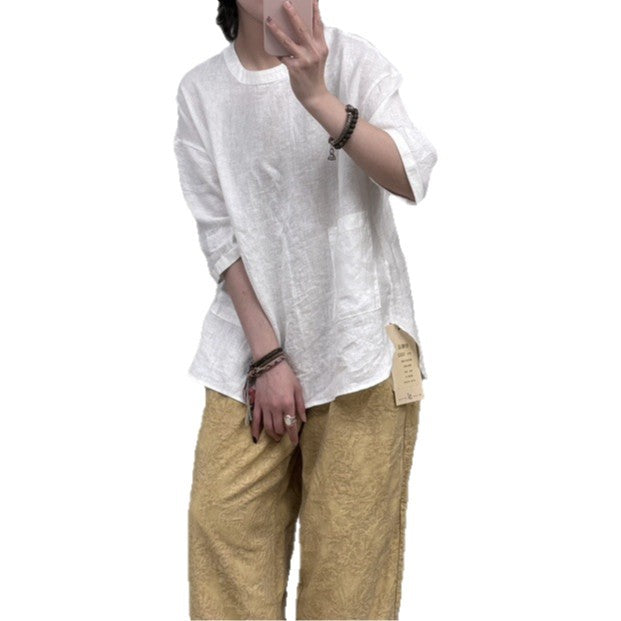 Damen Relaxed Fit Leinen Tunika-Oberteil mit Tasche W&W Mode