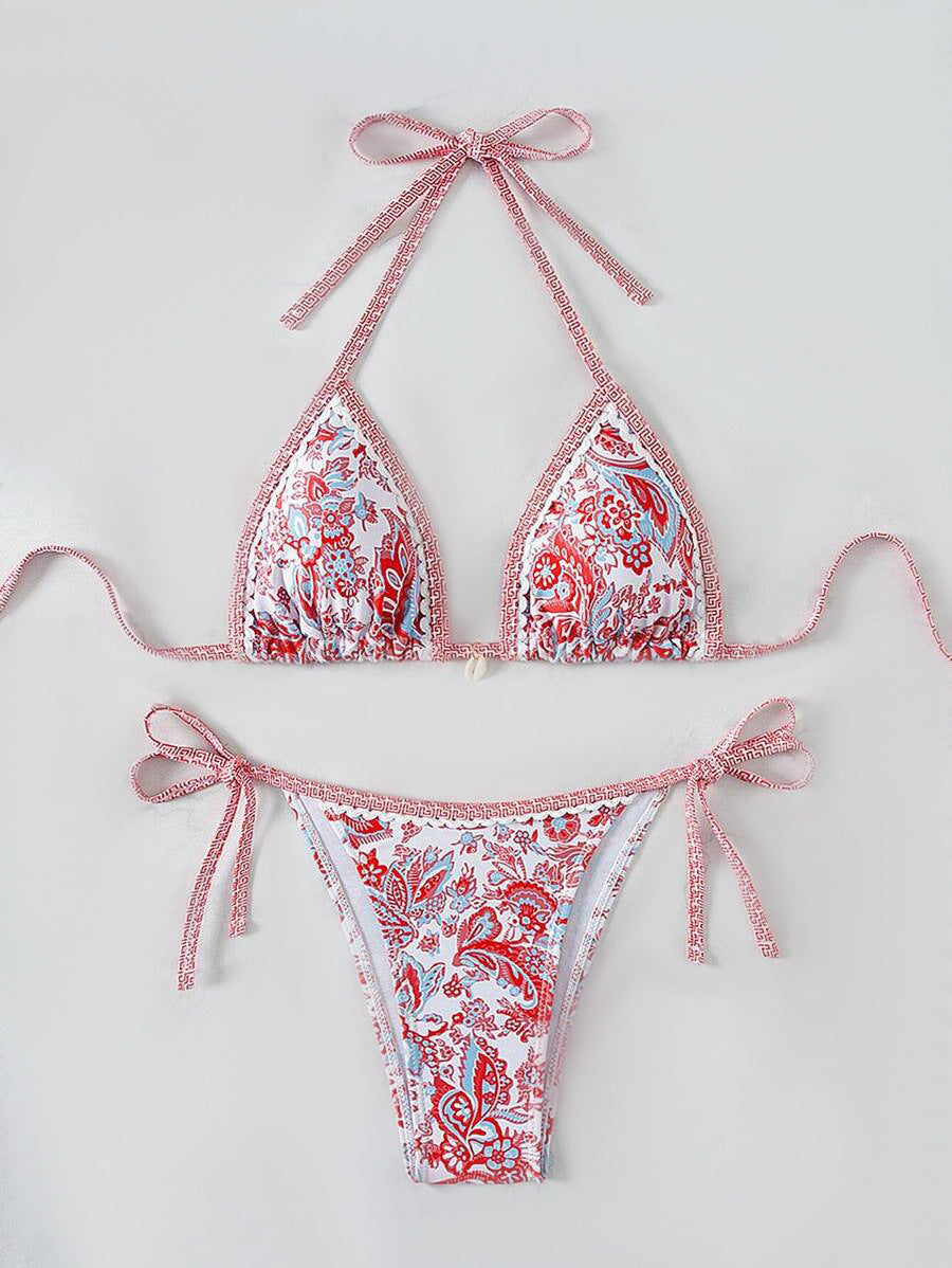 Damen Triangel-Bikini-Set mit verspieltem Blumenmuster und verstellbaren Bindebändern WW