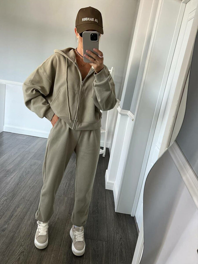 Damen sportliches Fleece-Jogginganzug mit praktischer Kapuze und Kordelzug WW