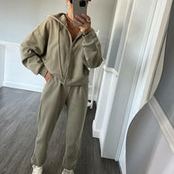 Damen sportliches Fleece-Jogginganzug mit praktischer Kapuze und Kordelzug WW