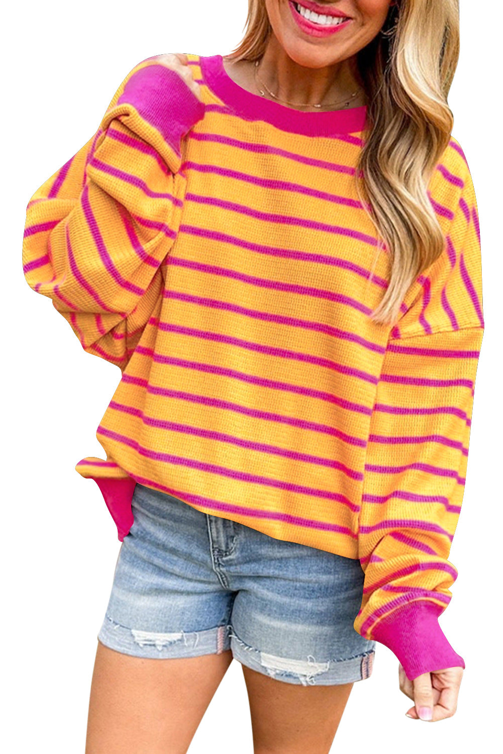 Damen lässiger und bequemer Pullover mit strukturiertem Rippenmuster und weitem Schnitt WW