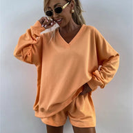 Damen lässiges V-Ausschnitt Sweatshirt und kurze Sporthosen Set WW