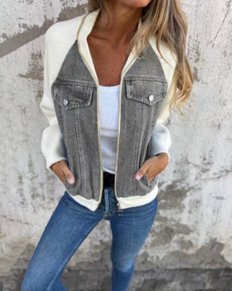 Damen Denim-Jacke mit kontrastfarbenen Ärmeln und praktischen Taschen WW