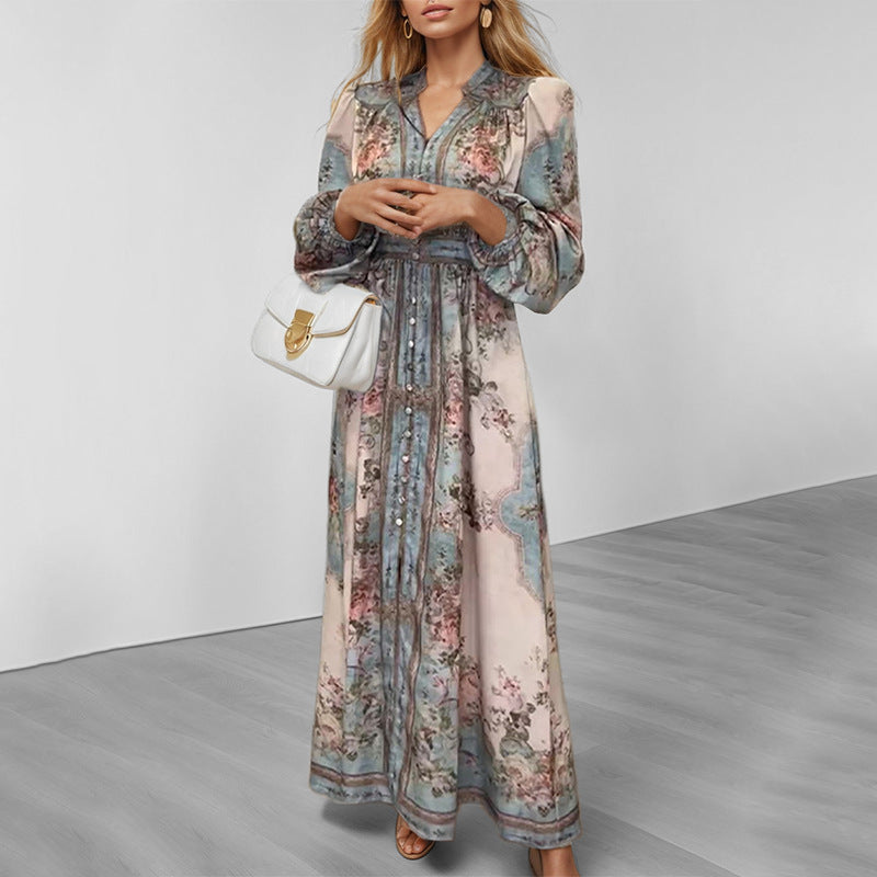 Damen Elegantes Maxikleid mit kunstvollem floralem Design und tailliertem Gürtel W&W Mode