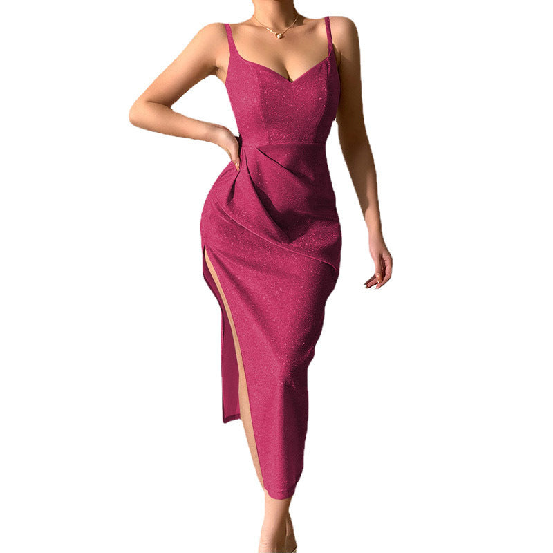 WW | Glitzernde Tiefe V-Träger Schlitz Elegantes Langkleid