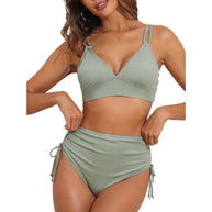Damen schickes High-Waist-Bikini-Set mit verstellbaren Trägern und Raffung WW