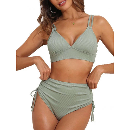 Damen schickes High-Waist-Bikini-Set mit verstellbaren Trägern und Raffung WW