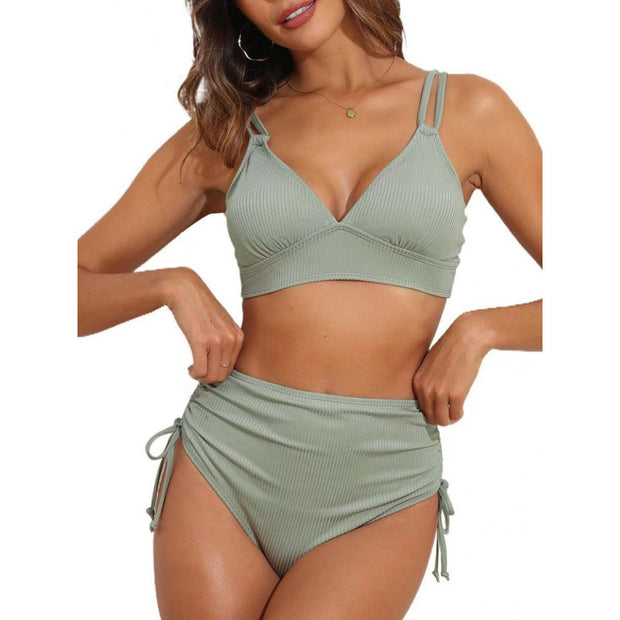 Damen schickes High-Waist-Bikini-Set mit verstellbaren Trägern und Raffung WW