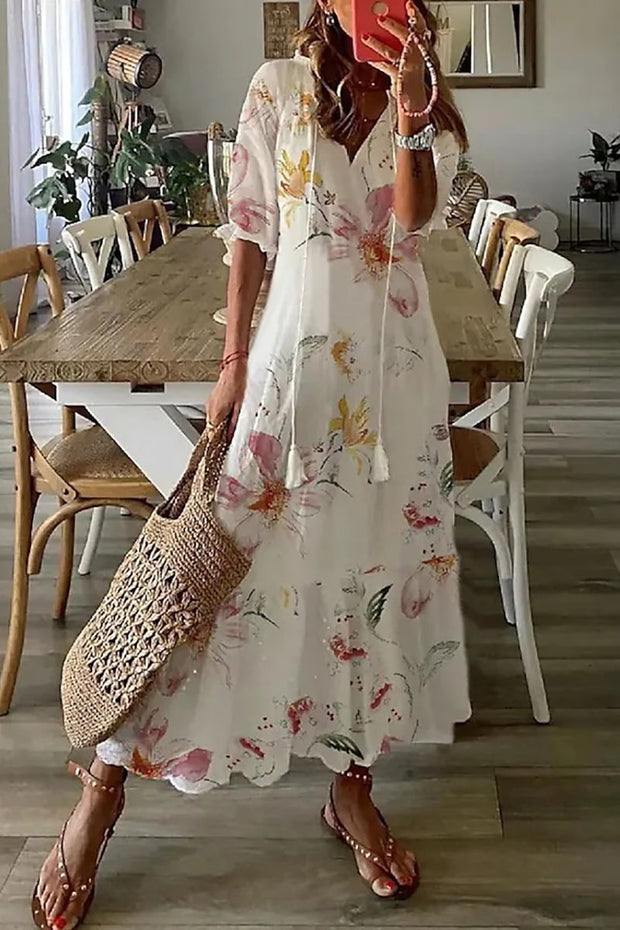 WW | Boho V-Ausschnitt Blumen Maxi Kleid