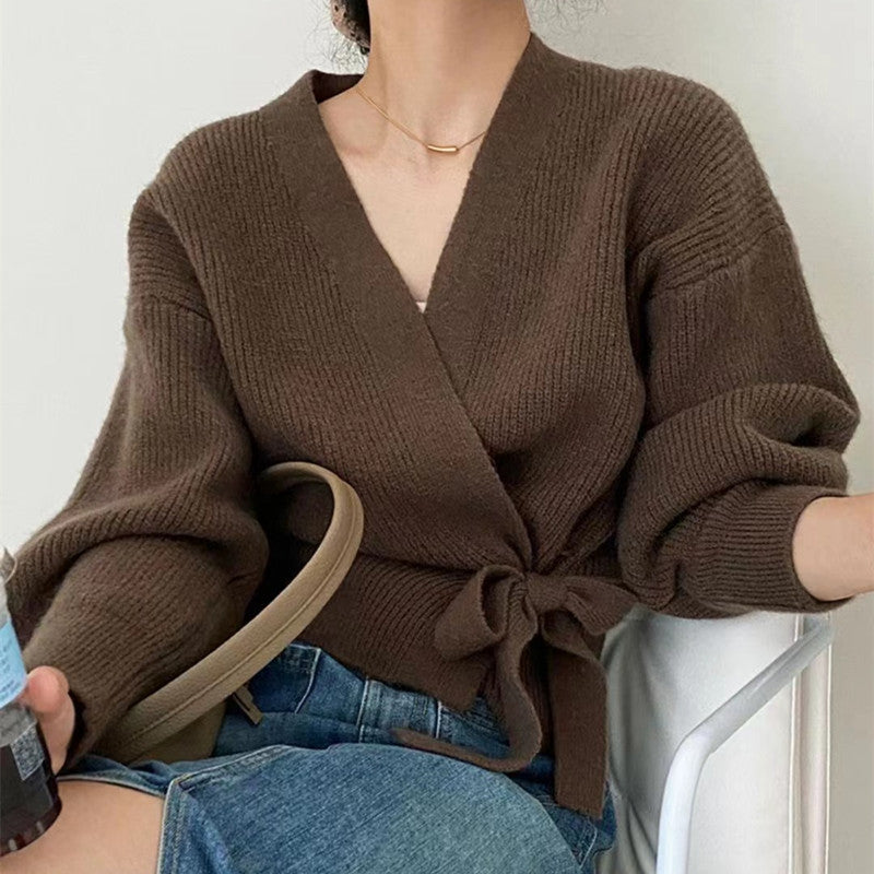 Damen Wickeljacke mit breiten Ärmeln und Taillenknoten WW