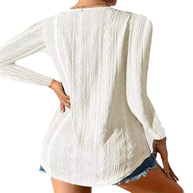 Damen Bluse mit dekorativen Knöpfen und strukturiertem Gewebe WW