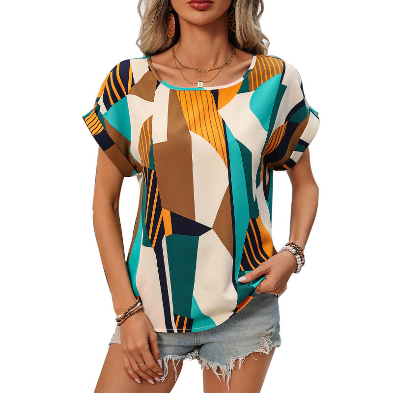 Damen stilvolles Kurzarm-Top mit modernem geometrischen Muster WW