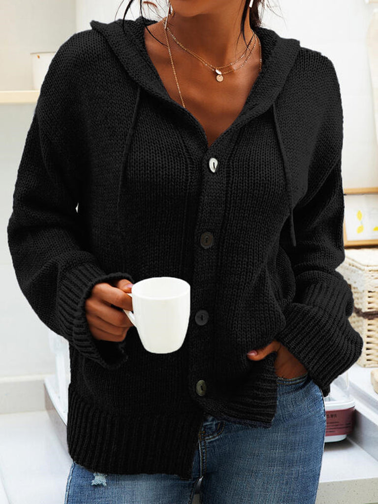 Damen Strickjacke mit Kapuze und knöpfen im lässigen Stil WW