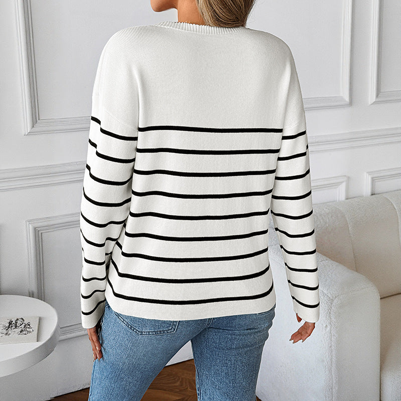 Damen Strickpullover mit V-Ausschnitt und modischem Streifenmuster WW