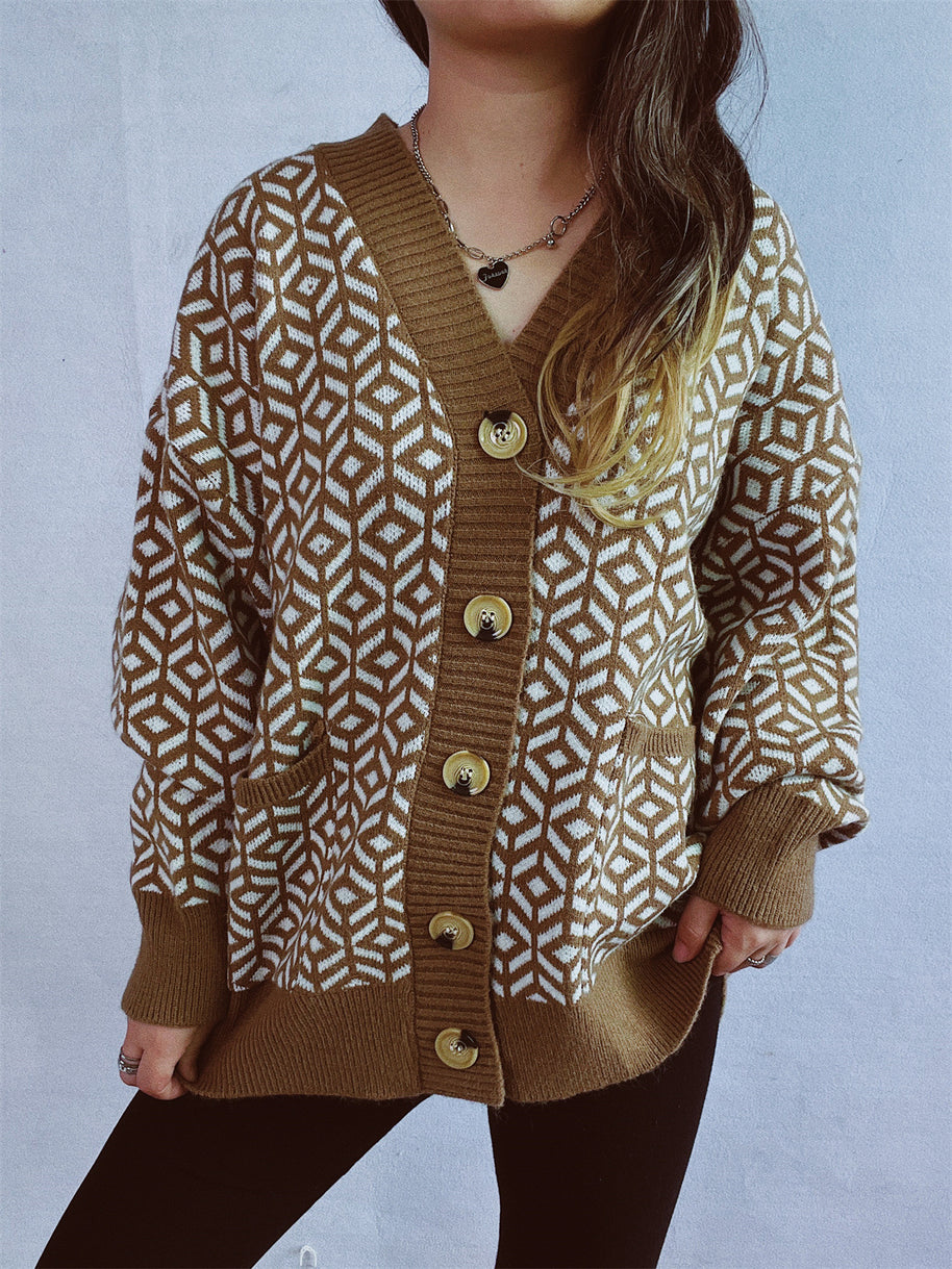 Damen Strickjacke mit geometrischem Muster und Knopfdetails WW