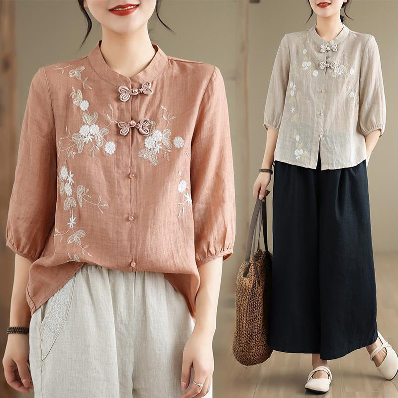 Damen Bestickte Bluse mit halben Ärmeln und Mandarin-Kragen WW