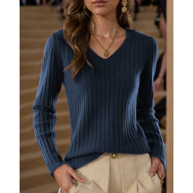 Damen Strickpullover mit V-Ausschnitt und feinem Rippenstrickdesign WW