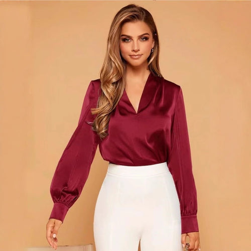 Damen Satinbluse mit elegantem V-Ausschnitt und weiten Ärmeln WW