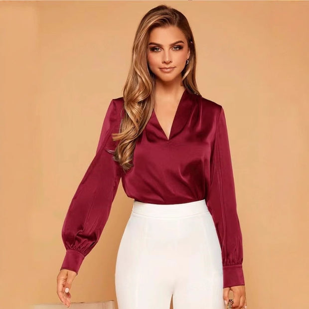 Damen Satinbluse mit elegantem V-Ausschnitt und weiten Ärmeln WW
