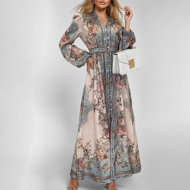 Damen Elegantes Maxikleid mit kunstvollem floralem Design und tailliertem Gürtel W&W Mode