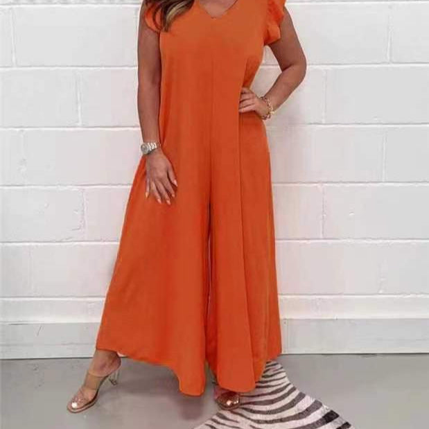 Damen gehobener Jumpsuit mit voluminösen Rüschenärmeln und V-Ausschnitt WW