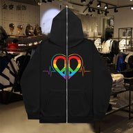 Damen sportlicher Kapuzenpullover mit buntem Herzmotiv und praktischen Taschen WW