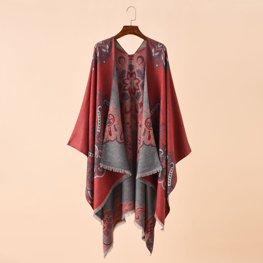 Damen Eleganter Kimono-Poncho mit kunstvollem Muster und fransigen Kanten WW