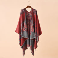Damen Eleganter Kimono-Poncho mit kunstvollem Muster und fransigen Kanten WW