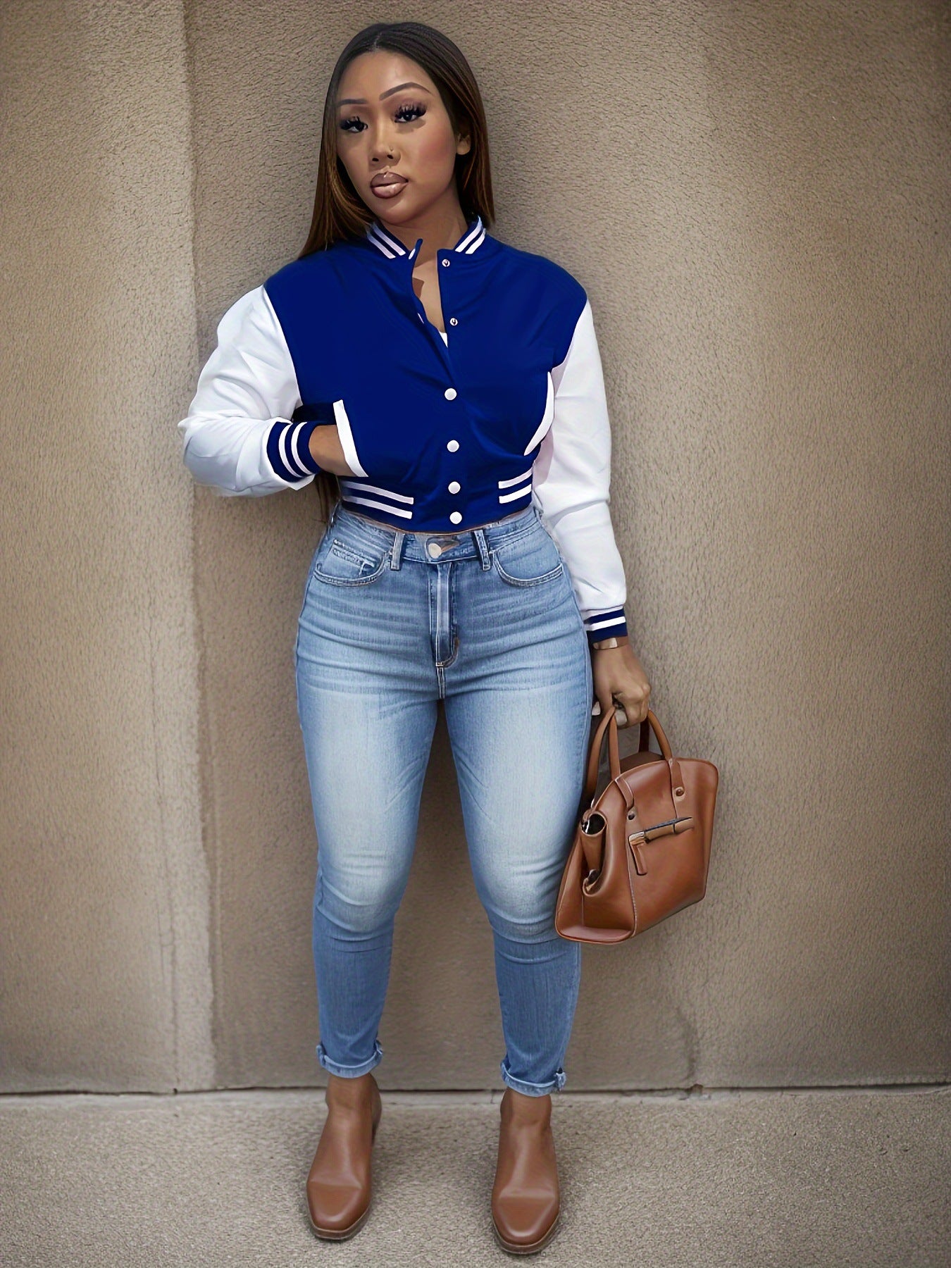 Damen Sportliche Varsity-Jacke mit Kontrastdetails und Knopfleiste WW