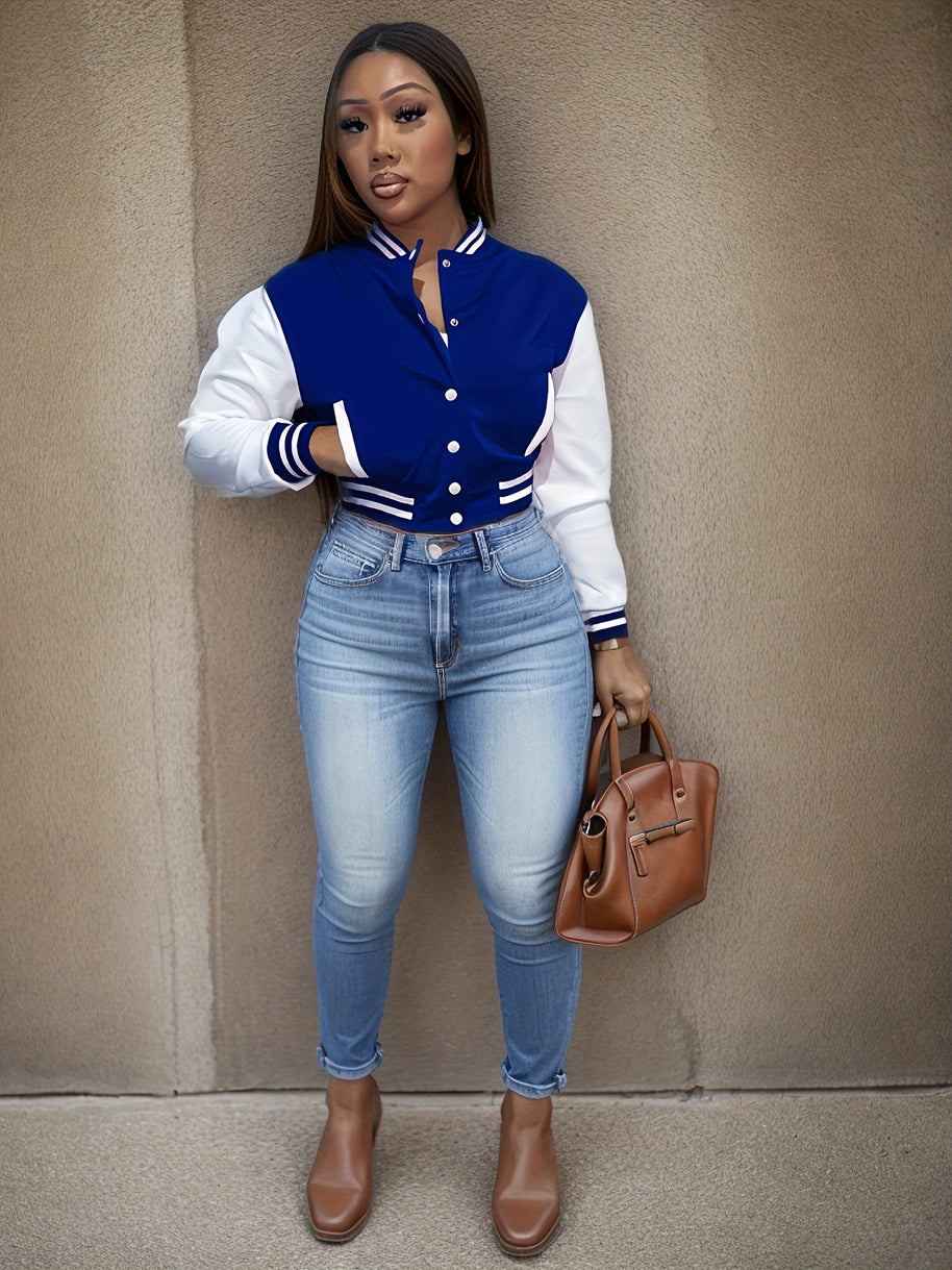 Damen Sportliche Varsity-Jacke mit Kontrastdetails und Knopfleiste WW