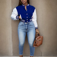 Damen Sportliche Varsity-Jacke mit Kontrastdetails und Knopfleiste WW