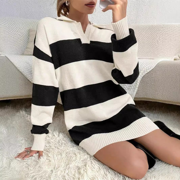Damen Pullover-Kleid mit modernem Streifenmuster und detailreicher Knopfleiste WW