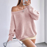 Damen Bequemer Oversized Pullover mit weitem Rundhalsausschnitt WW