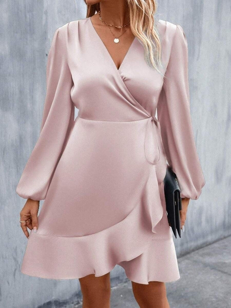 WW | V-Ausschnitt Kleid Satin Taille Eng Niedrig Ausschnitt Lässig Midi Kleid Süß Frauen Kleidung