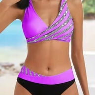 Damen Bikini-Set mit asymmetrischem Oberteil und Kontrast-Design WW