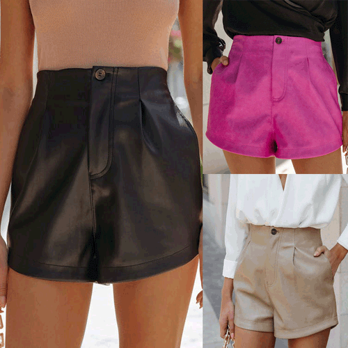 Damen High-Waist Shorts aus weichem Kunstleder mit Bundfalten WW