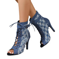 Damen Schnür-High-Heel-Sandalen mit offener Zehenpartie und stylischem Denim-Design WW