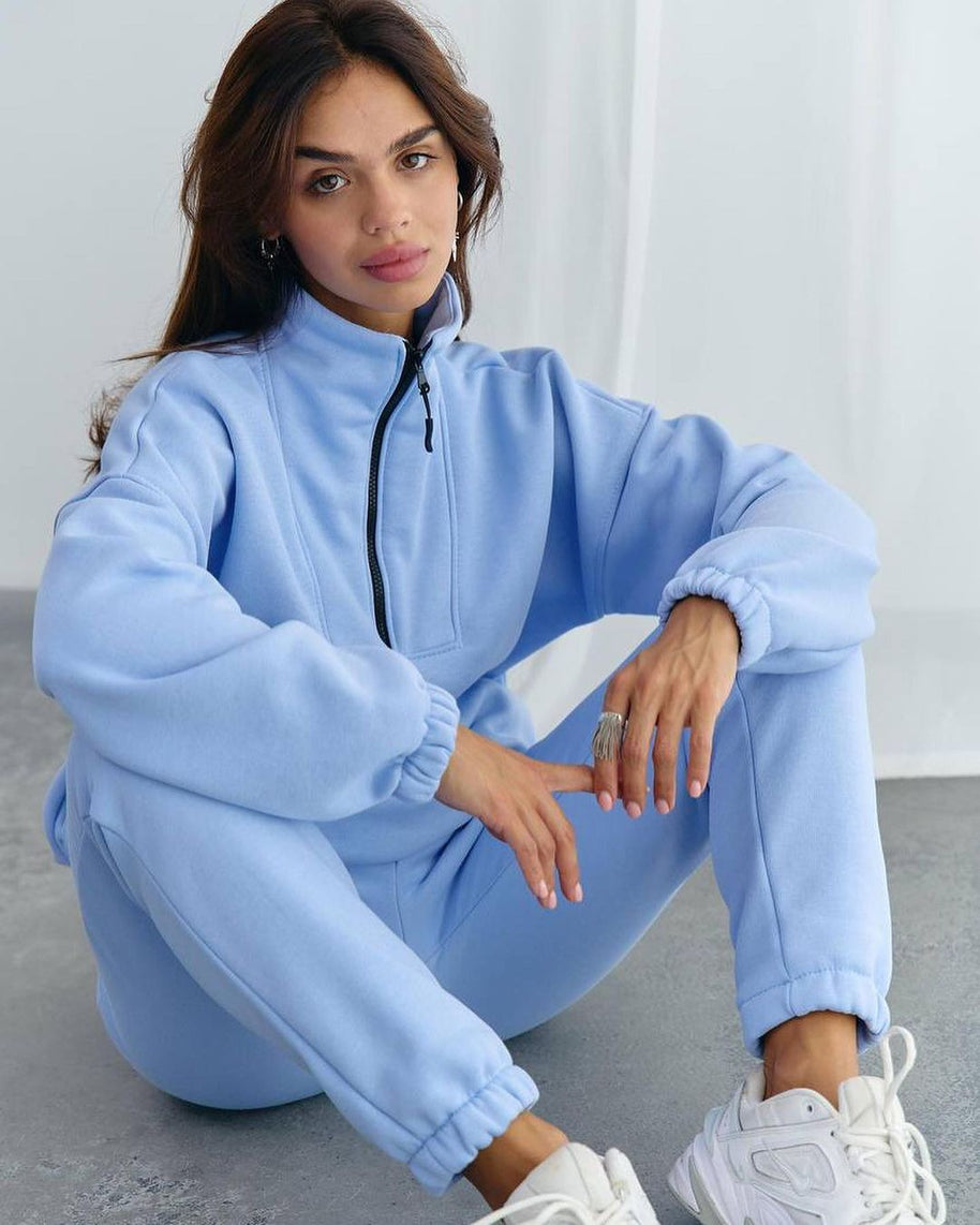 Damen Sportlicher Fleece-Traininganzug mit halbem Reißverschluss und elastischen Bündchen WW