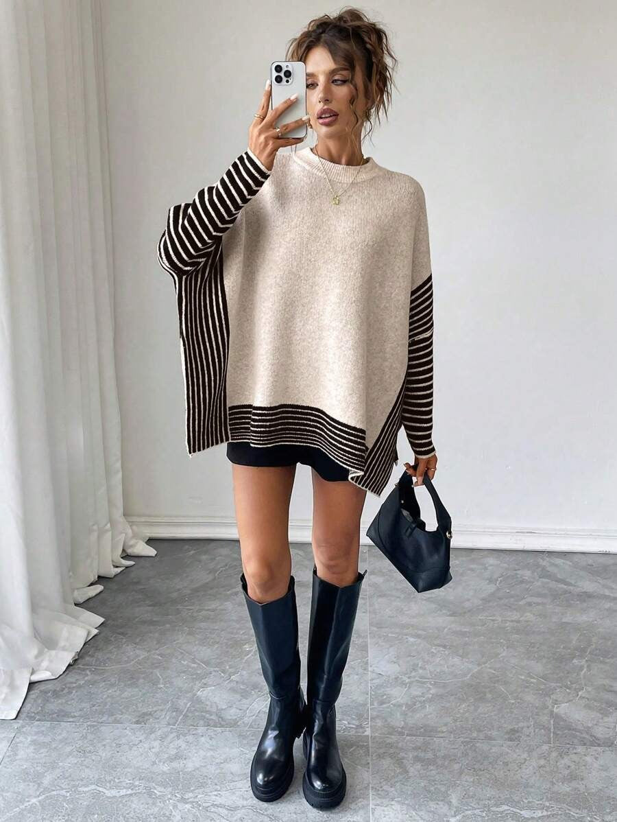 Damen Strickpullover mit modernem Streifenmuster und oversized Schnitt WW