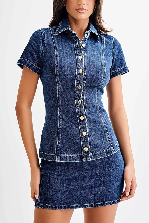 Damen Jeanskleid mit knöpfbarem Kragen und eng anliegendem Rock W&W Mode
