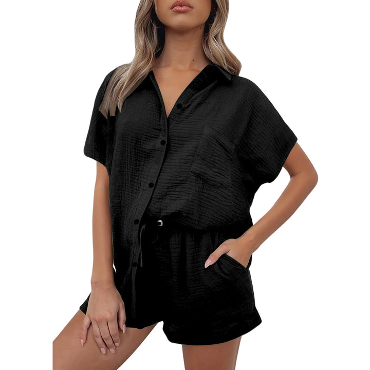 Damen lässiges Kurzarm-Hemd und Shorts Set aus strapazierfähigem Baumwollmaterial mit praktischen Taschen und elastischem Bund W&W Mode