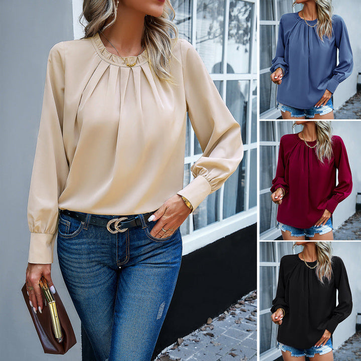 Damen Bluse mit eleganten Falten und dekorativem Rundhalsausschnitt W&W Mode